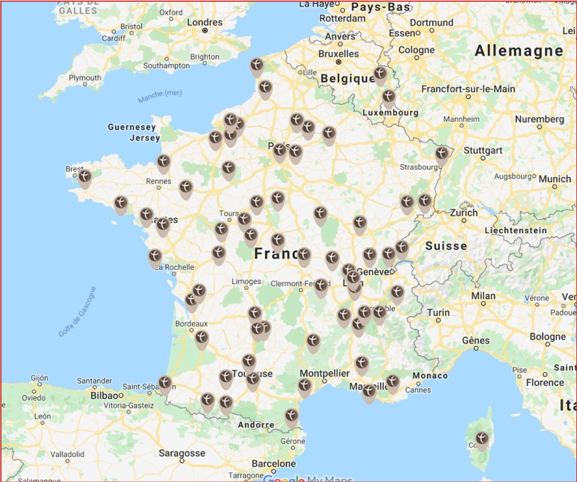 La carte des 60 pèlerinages et marches des hommes, des époux et des pères de famille